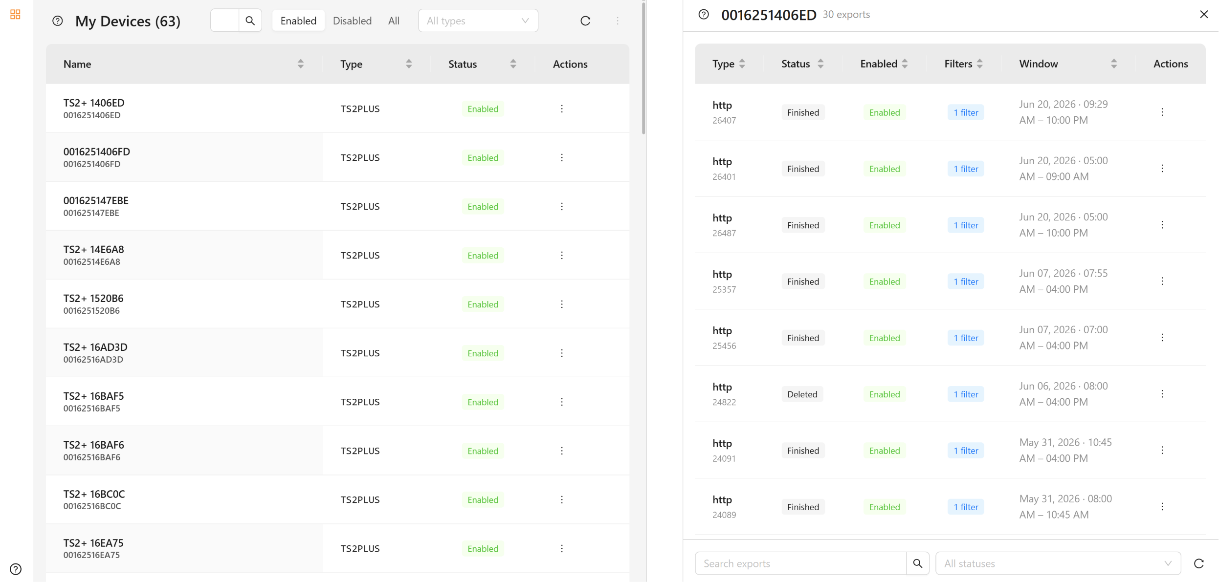 Device Exports screen