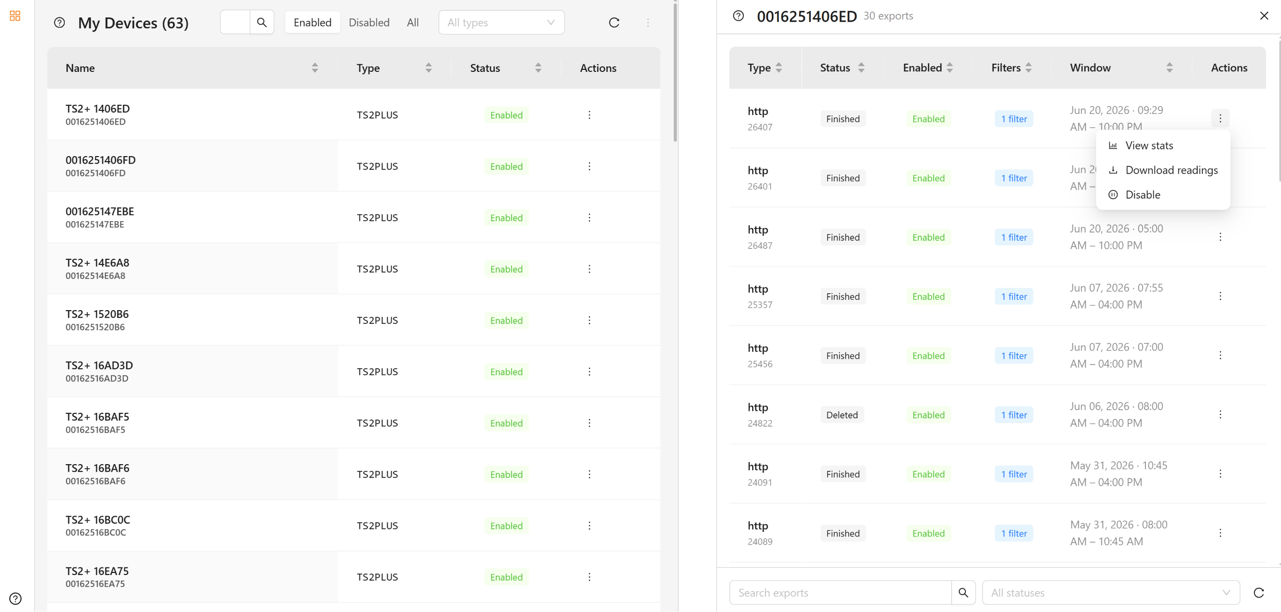 Device Exports actions