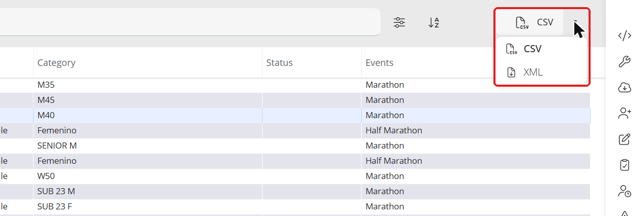 CSV button with the CSV and XML drop-down in Participants