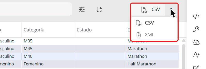 Botón CSV con el desplegable CSV y XML en Participantes