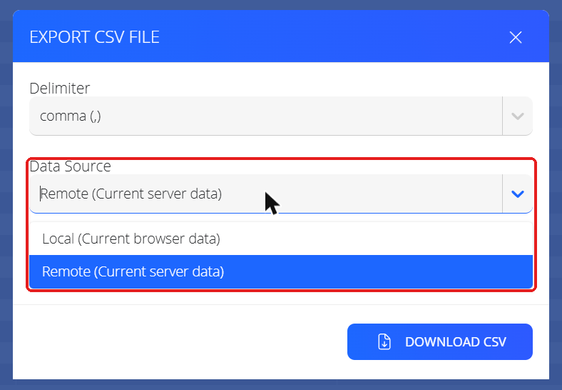 Export CSV file window with the Data Source options