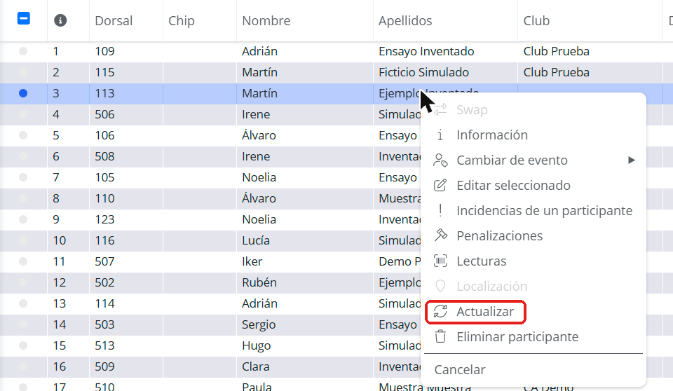 Opción Actualizar en el menú contextual de Participantes