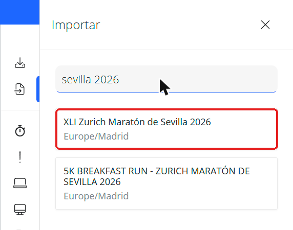 Panel Importar con el buscador de carreras