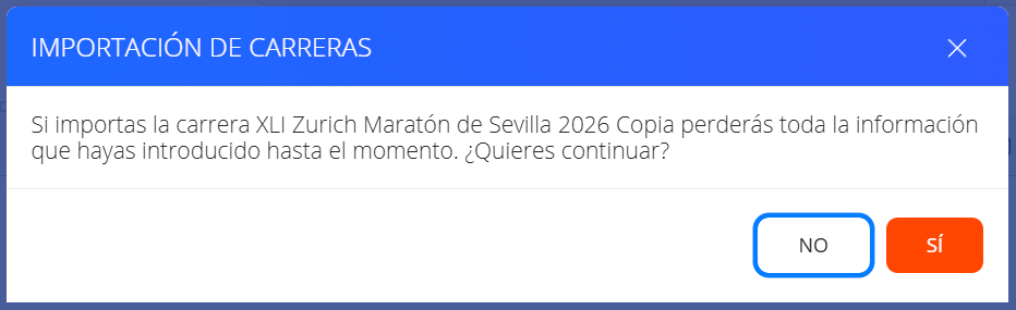 Ventana de confirmación Importación de carreras
