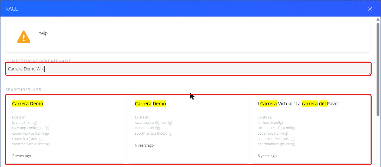 Competition search window with the name typed and the results