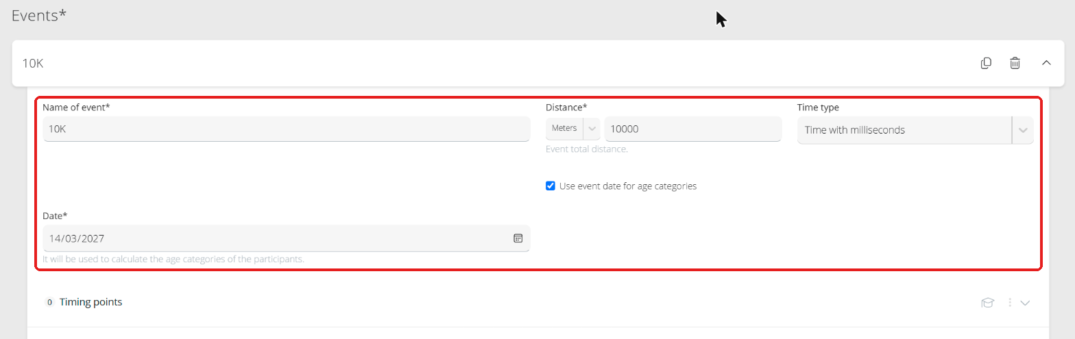 Event data: name, distance, time type and date