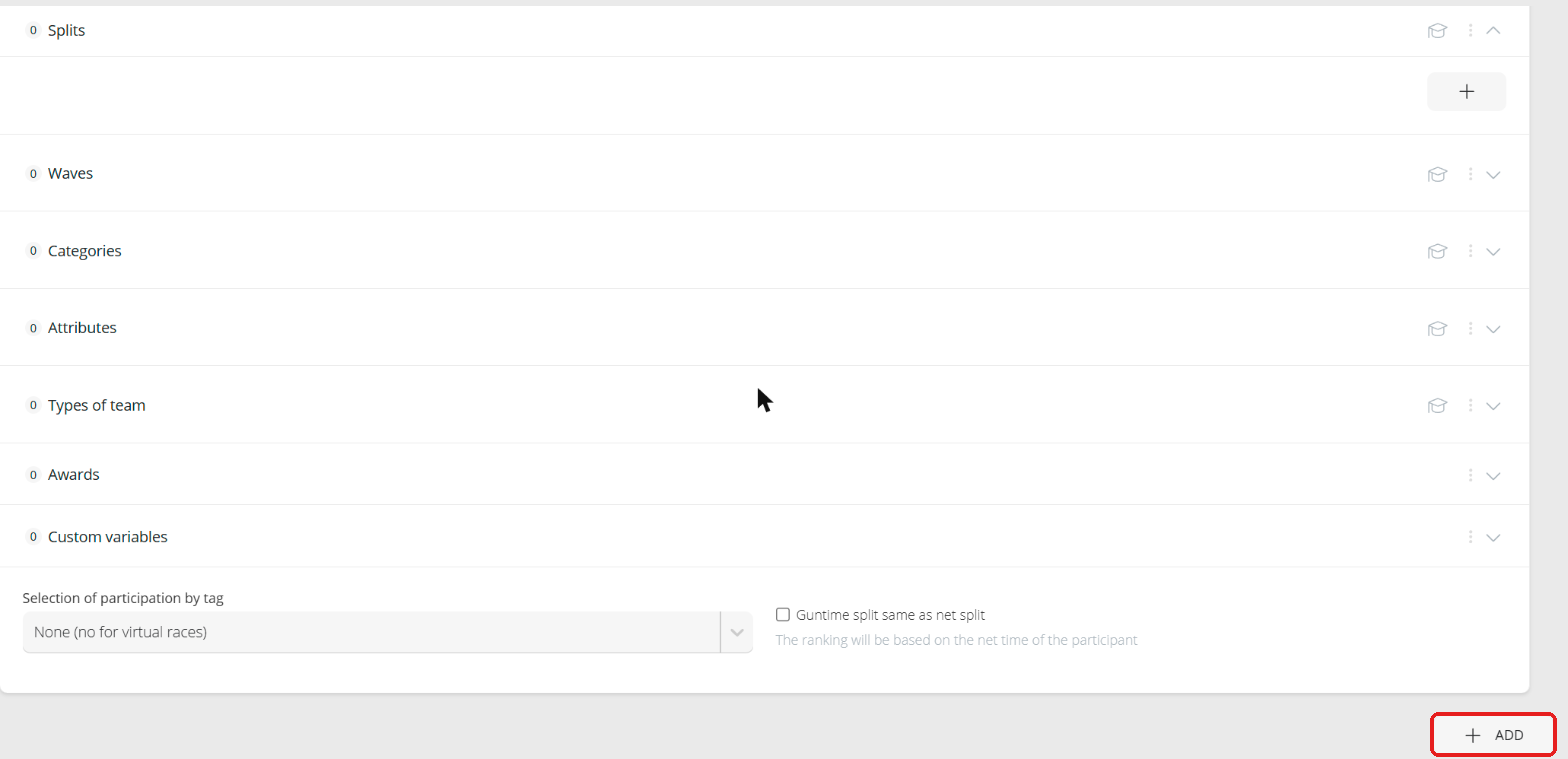 Event configuration elements and the button to add events