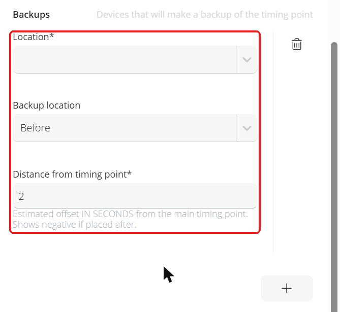 Campos Location, Backup location y Distance from timing point de un backup