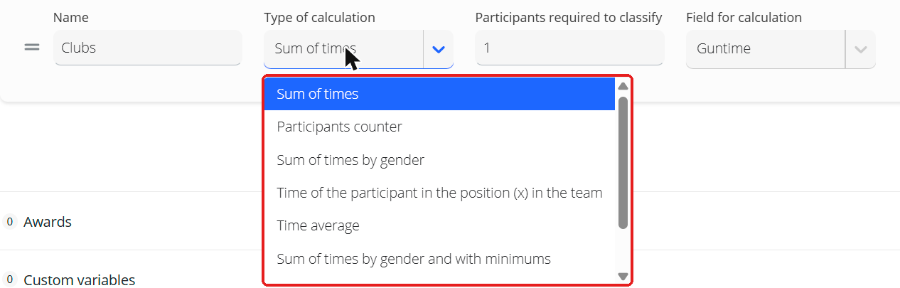 Desplegable Type of calculation con los tipos de cálculo
