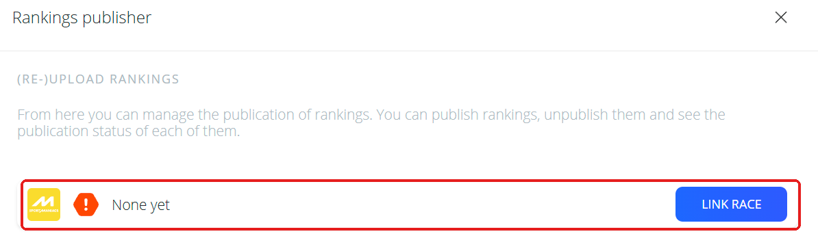 Panel Rankings publisher con None yet y el botón Link race