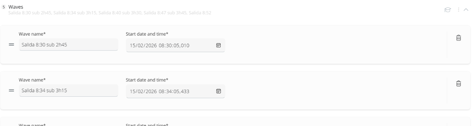 Waves of an event with their name and start date and time