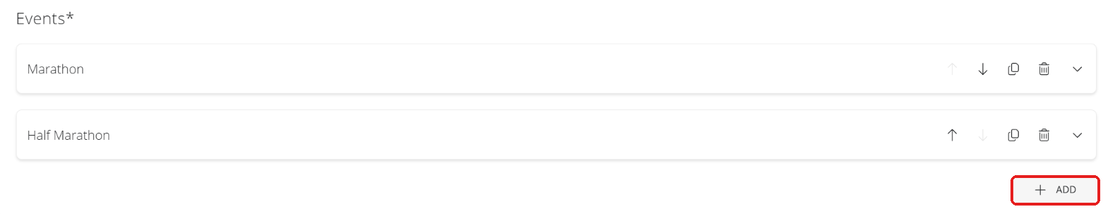Race events list with the button to add events
