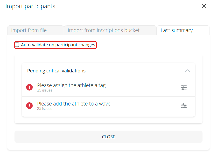 Last summary tab of the import panel with the Auto-validate on participant changes checkbox and the pre-race check