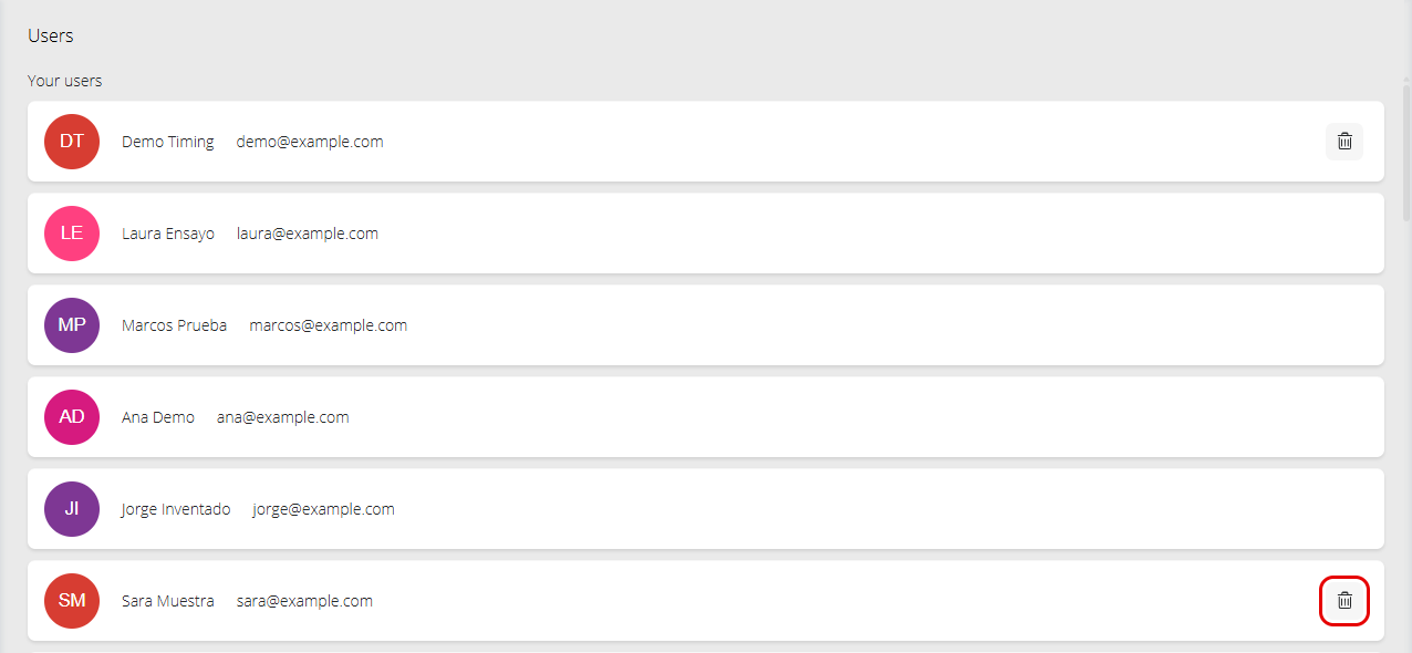 Your users list with the trash can icon on the row of a user who is not an administrator