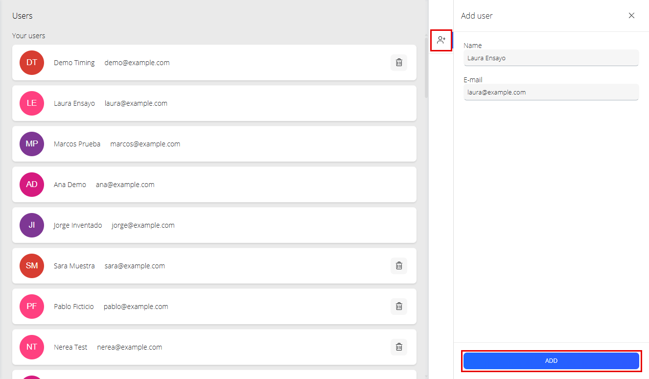 Users page with the side panel for adding a user open: name and email fields and Add button