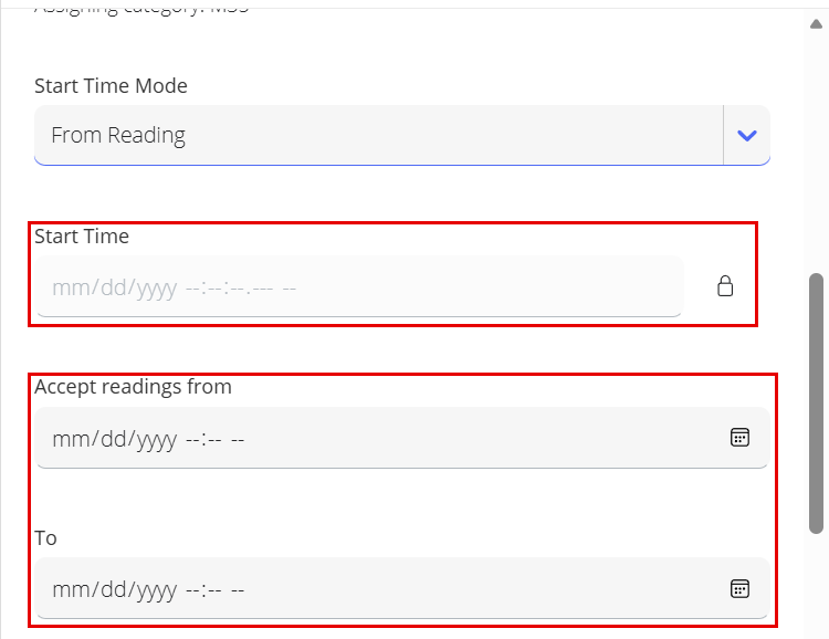 Participant form with the Start Time field and its lock, and the Accept readings from and To fields of the from reading mode