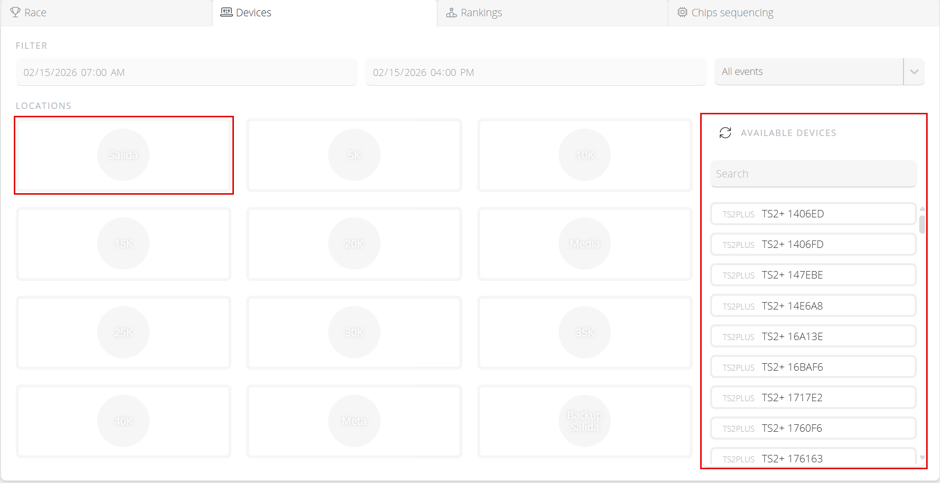 Pestaña Devices con el bloque Filter, las localizaciones y la lista Available devices