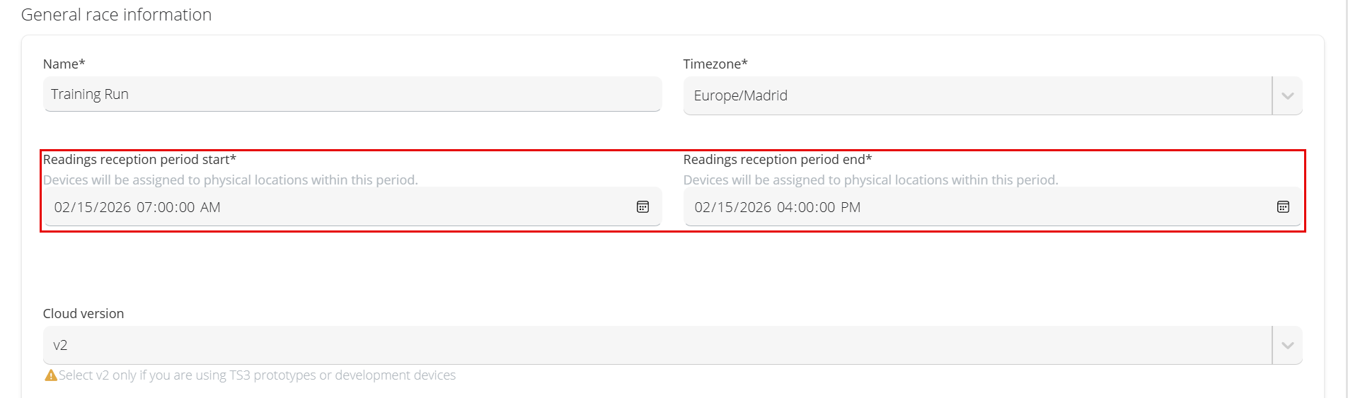Readings reception period start and Readings reception period end fields in the race configuration