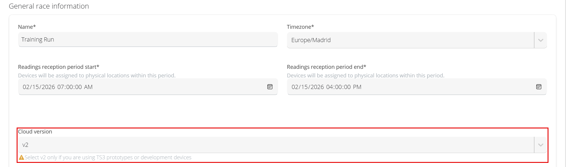 Cloud version field in the race configuration with the v2 option and its warning