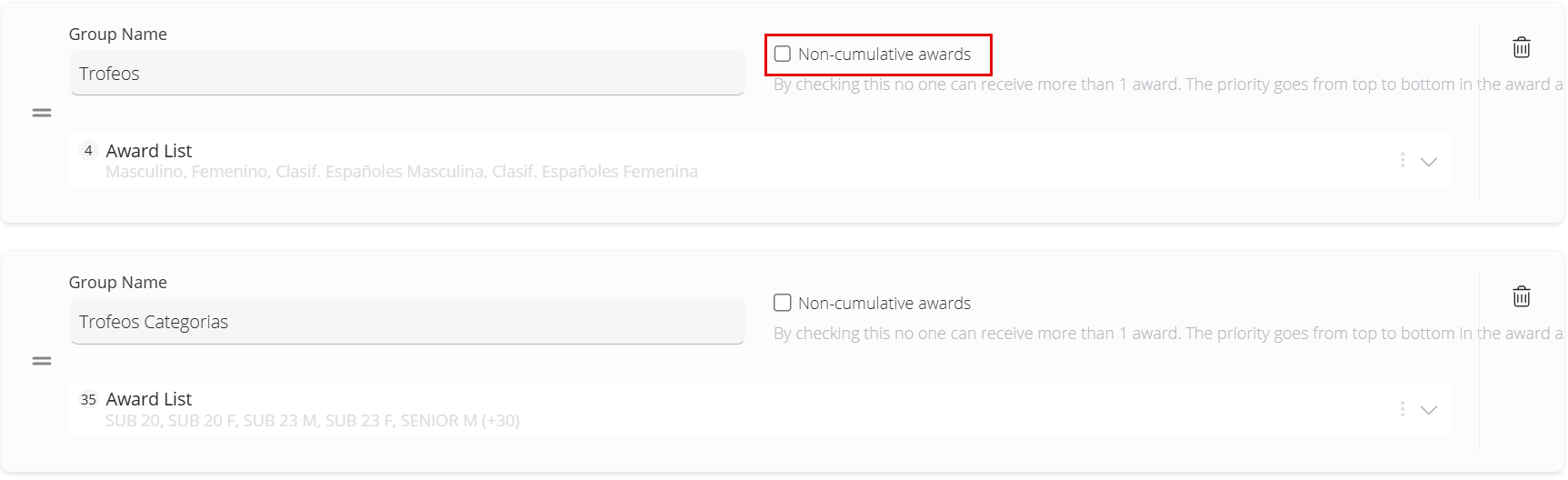 Two award blocks of the Awards section, each with Group Name, the Non-cumulative awards check box and its Award List