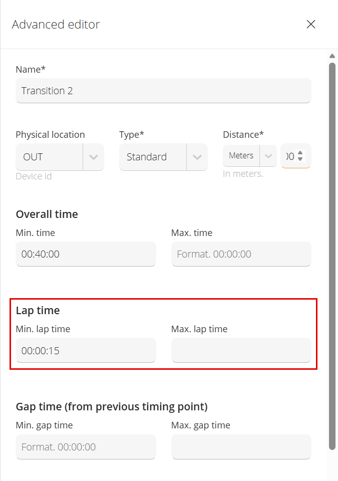 Advanced editor de un punto de vuelta con el bloque Lap time (Min. lap time y Max. lap time)