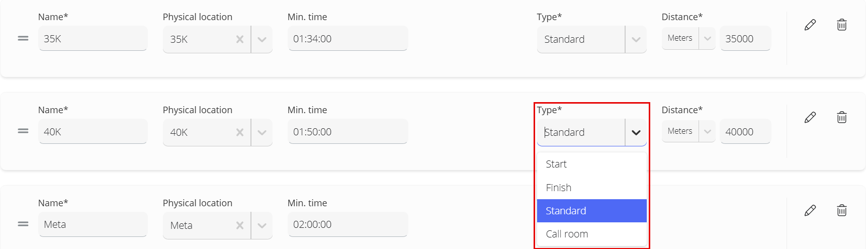 Rows of the Timing points section with the Name, Physical location, Min. time, Type and Distance fields, and the pencil and trash can icons