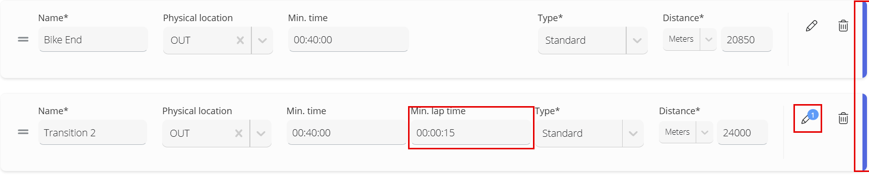 Timing points section with two timing points that share a physical location, marked with a colored bar, and the pencil icon of the second one highlighted