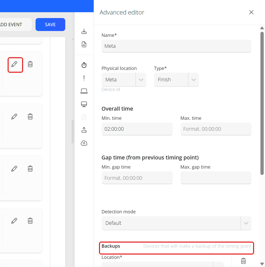 Advanced editor of a timing point with the times, the detection mode and the Backups section