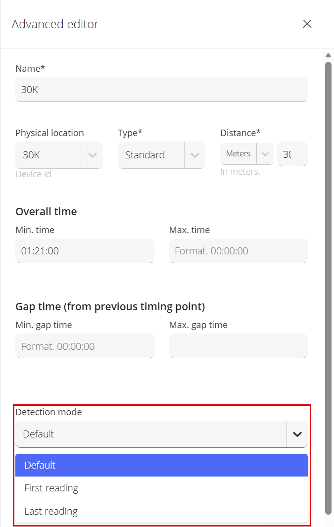 Detection mode drop-down open with its options