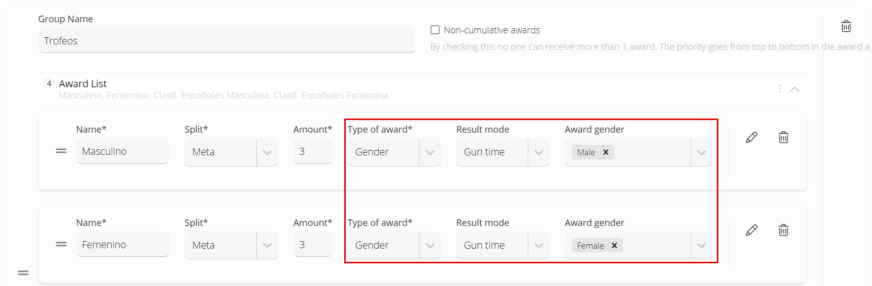 Bloque de trofeos con dos trofeos de tipo Gender (Masculino y Femenino) y su Award gender