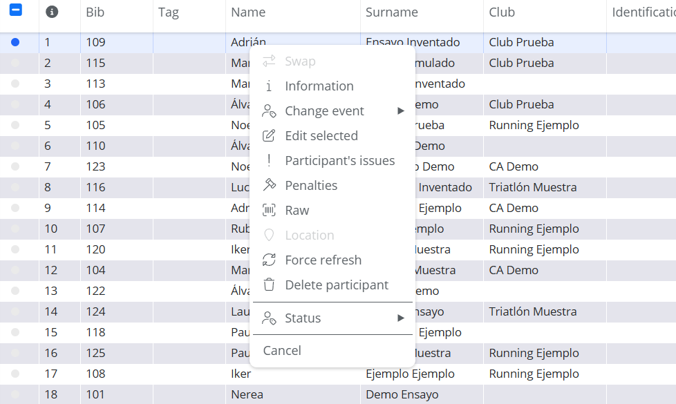 Context menu of a participant with the Penalties option