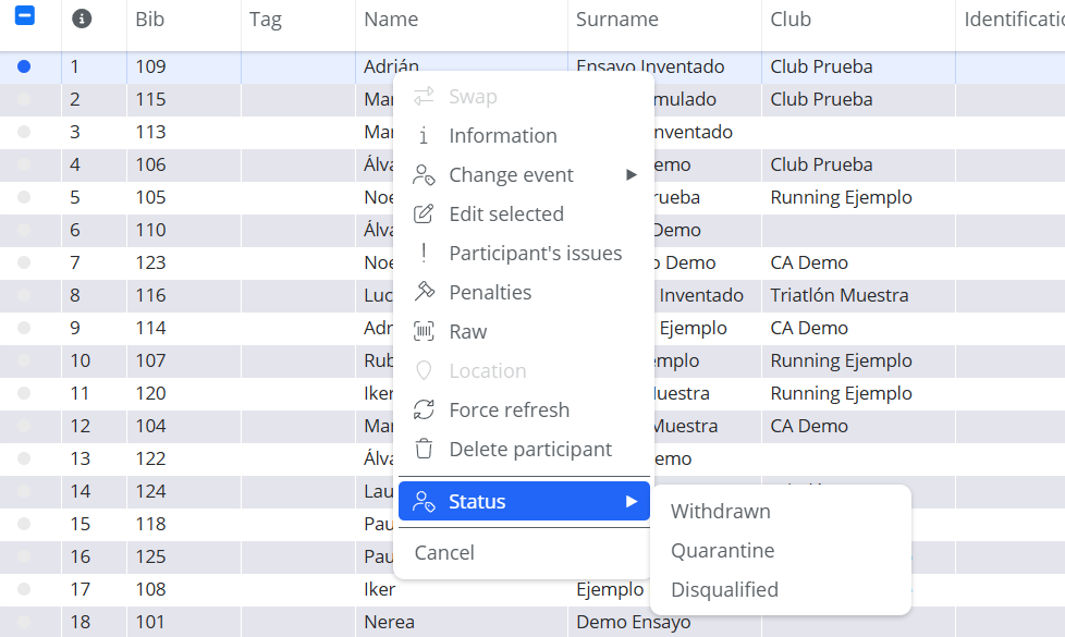 Participant context menu with the status submenu open and the Disqualified option
