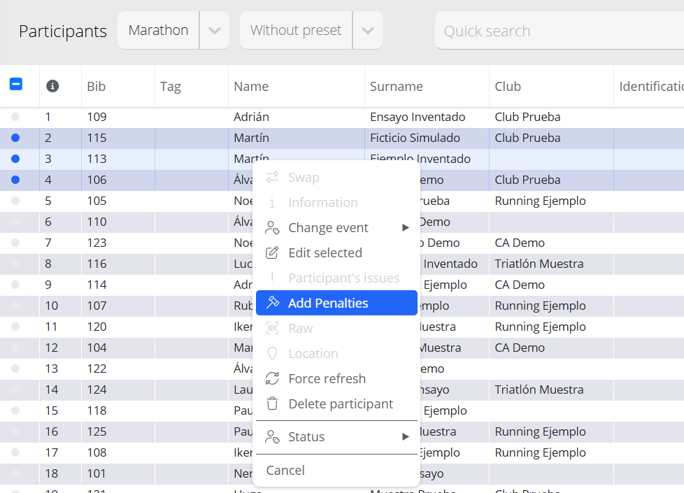 Context menu with several participants selected and the Add Penalties option