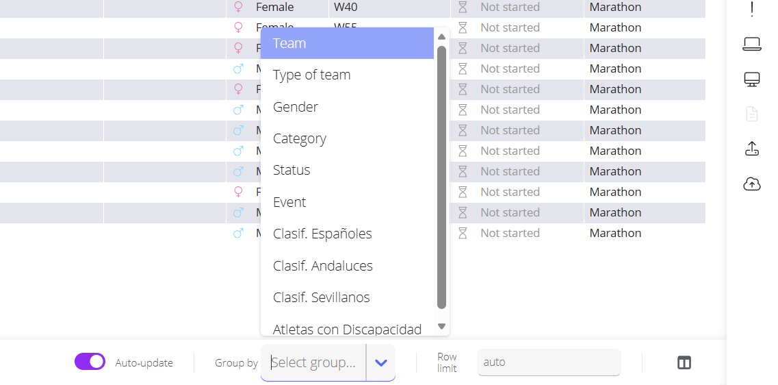 Barra inferior con Auto-update, el desplegable Group by y el campo Row limit