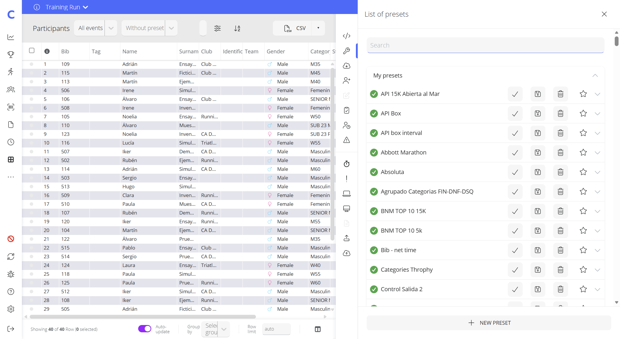 Lista de presets de la nueva vista de participantes