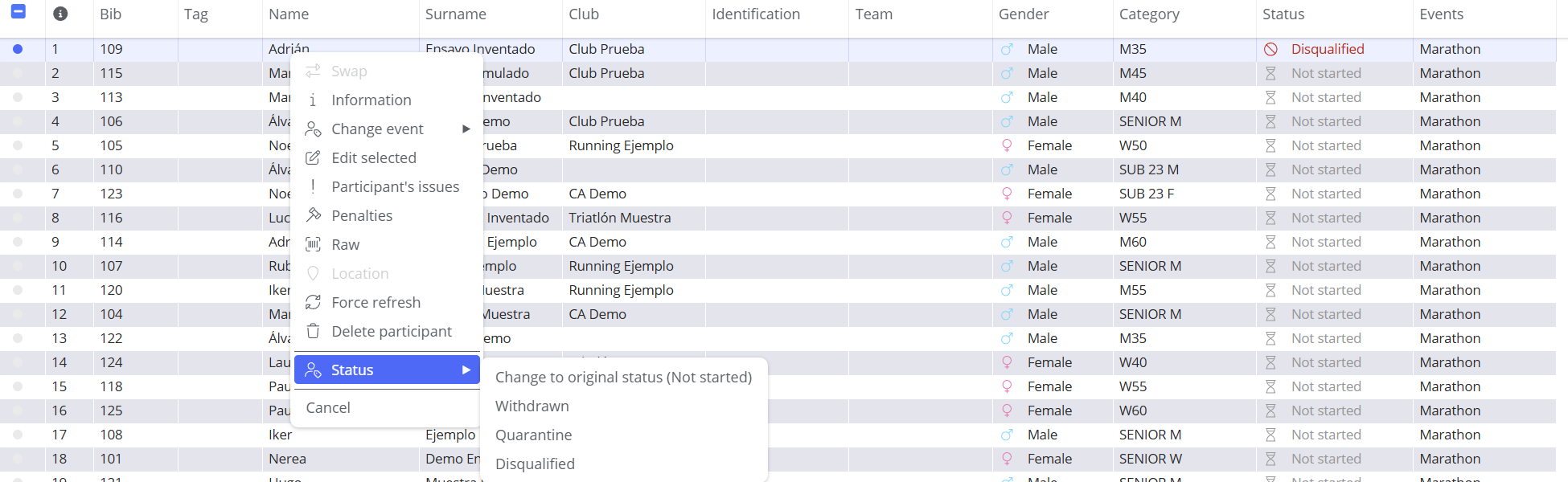 Status submenu of a participant with a manual status, showing the Change to original status option with the calculated status in brackets