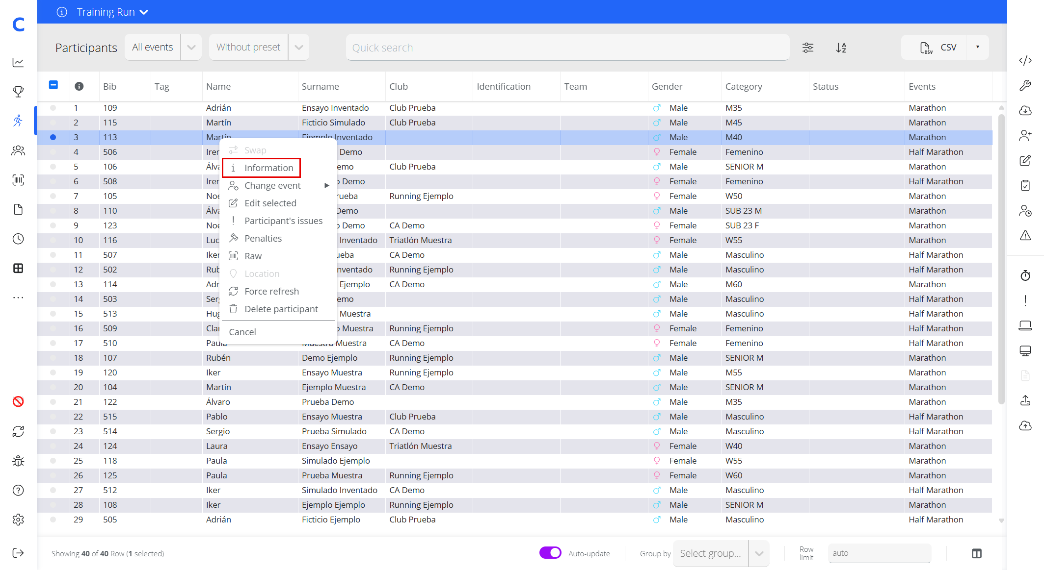 Participants table with one participant selected and the Information option in the context menu