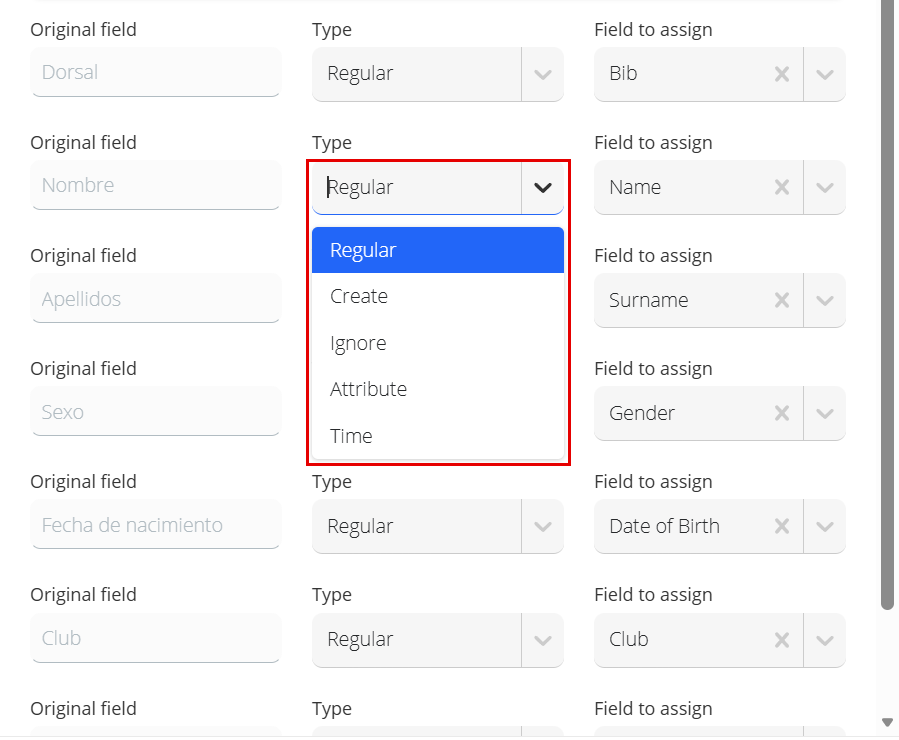 Column mapping with the Type drop-down open (Regular, Create, Ignore, Attribute and Time)