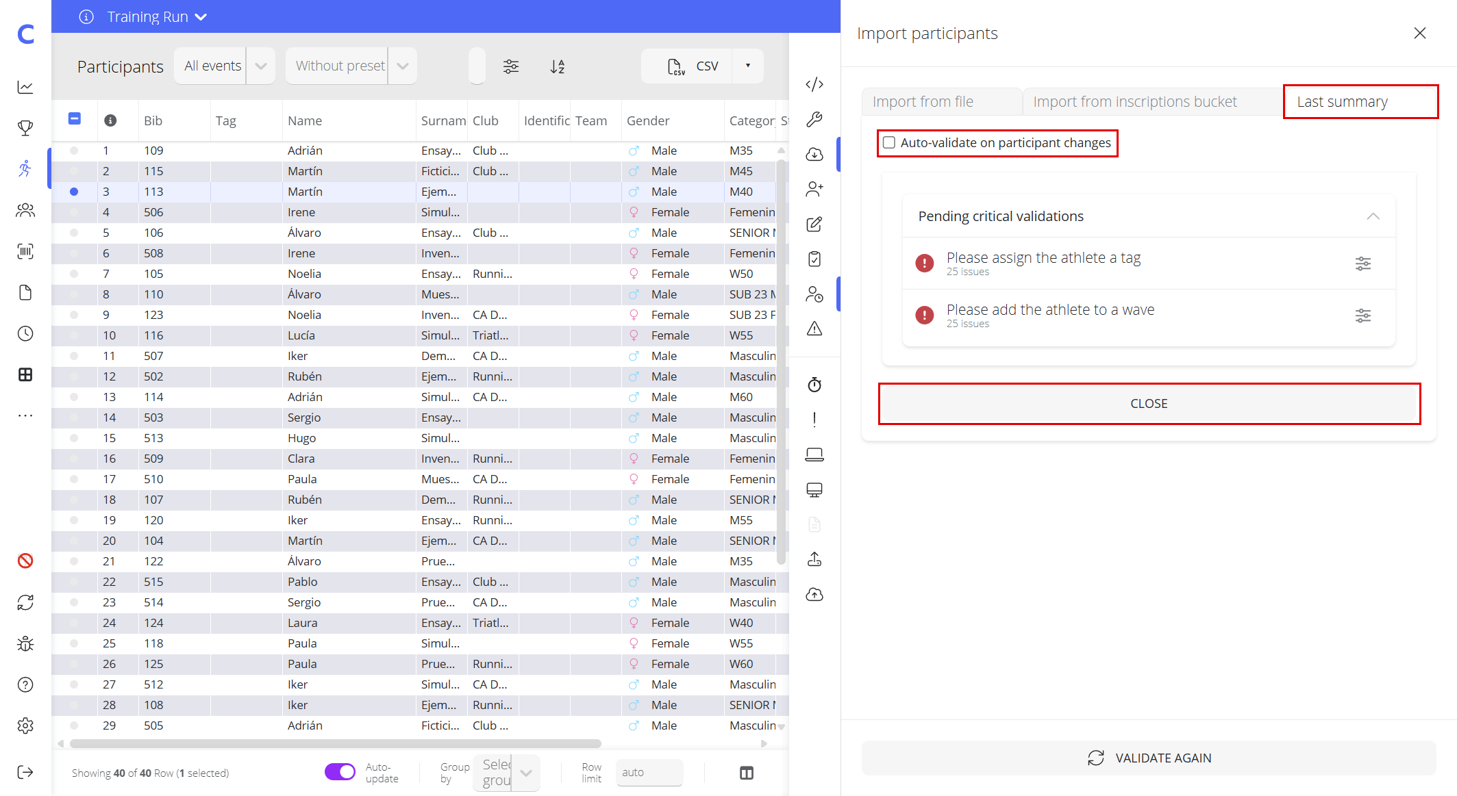 Last summary tab with the pre-race check result after the import