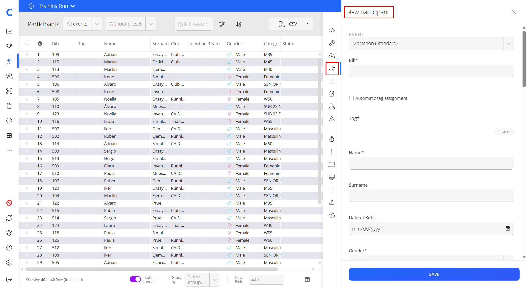 Participants screen with the New participant icon highlighted in the right sidebar and the New participant panel open