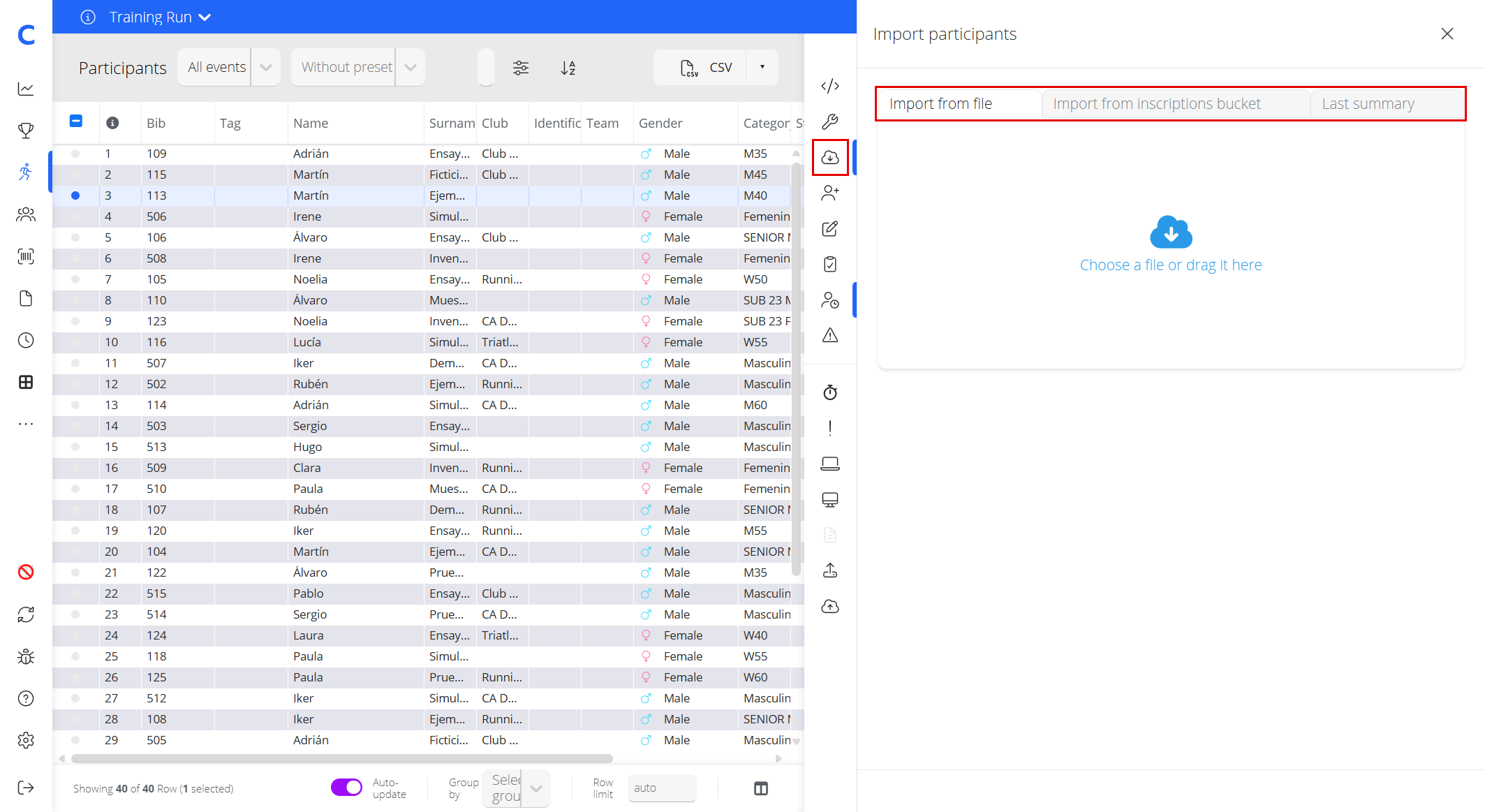 Participants section with the import icon highlighted and the import panel open on the Import from file tab