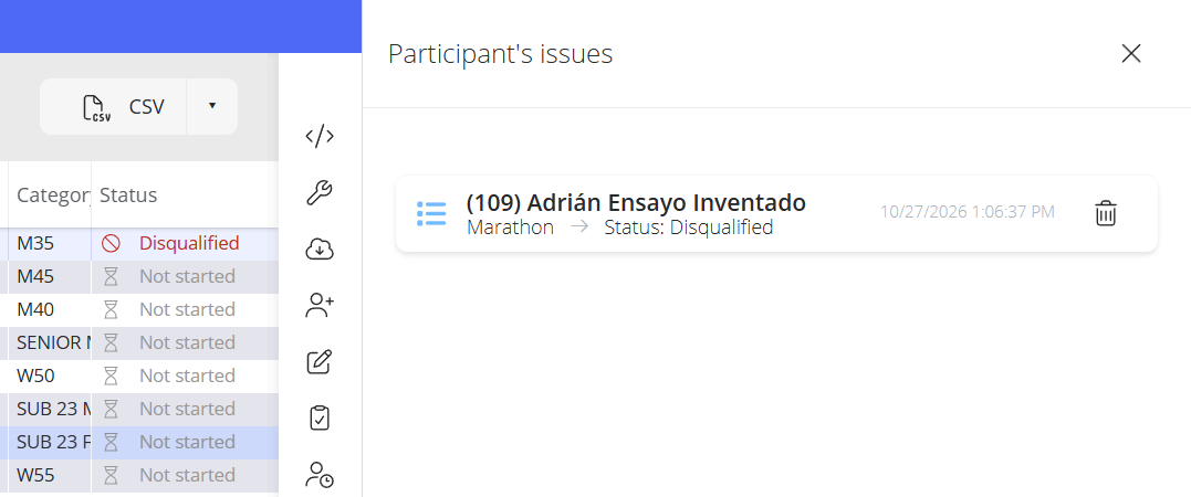 Panel de incidencias de un participante con un cambio de estado y el icono de la papelera