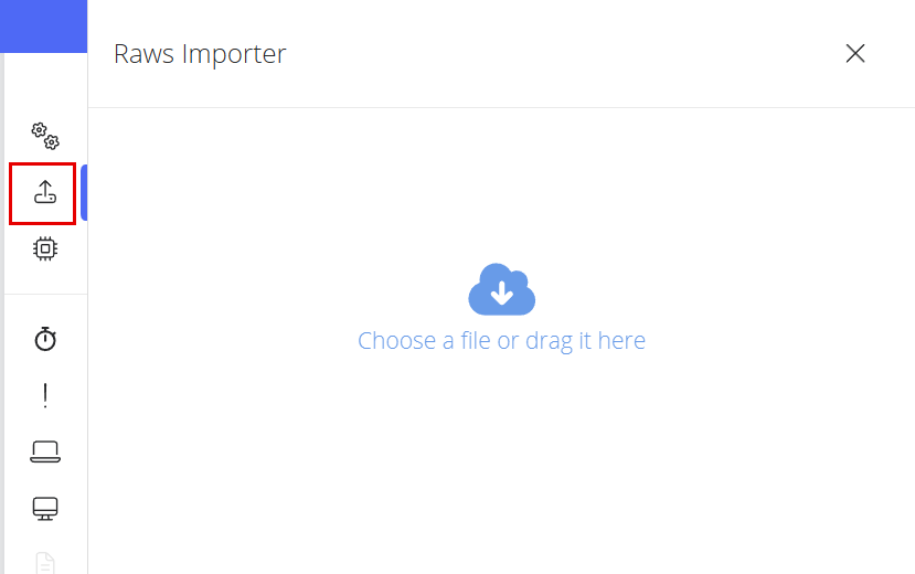 Raws Importer panel with the area to drop the file