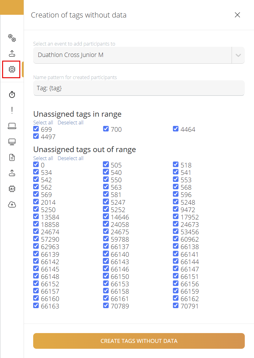 Creation of tags without data panel with the event, the name pattern and the list of tags