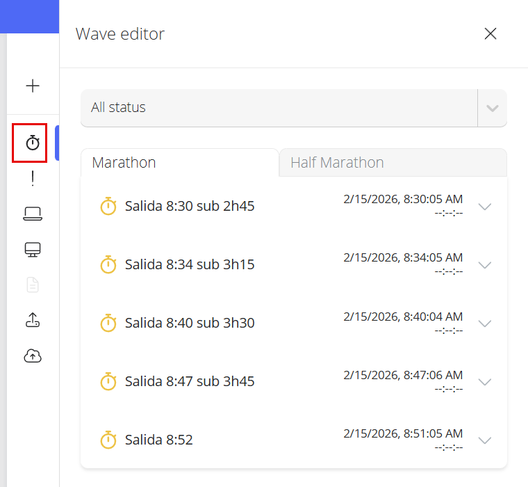 Icono del cronómetro en el menú lateral derecho y panel Editor de salidas con las pestañas de los eventos y el desplegable de estado