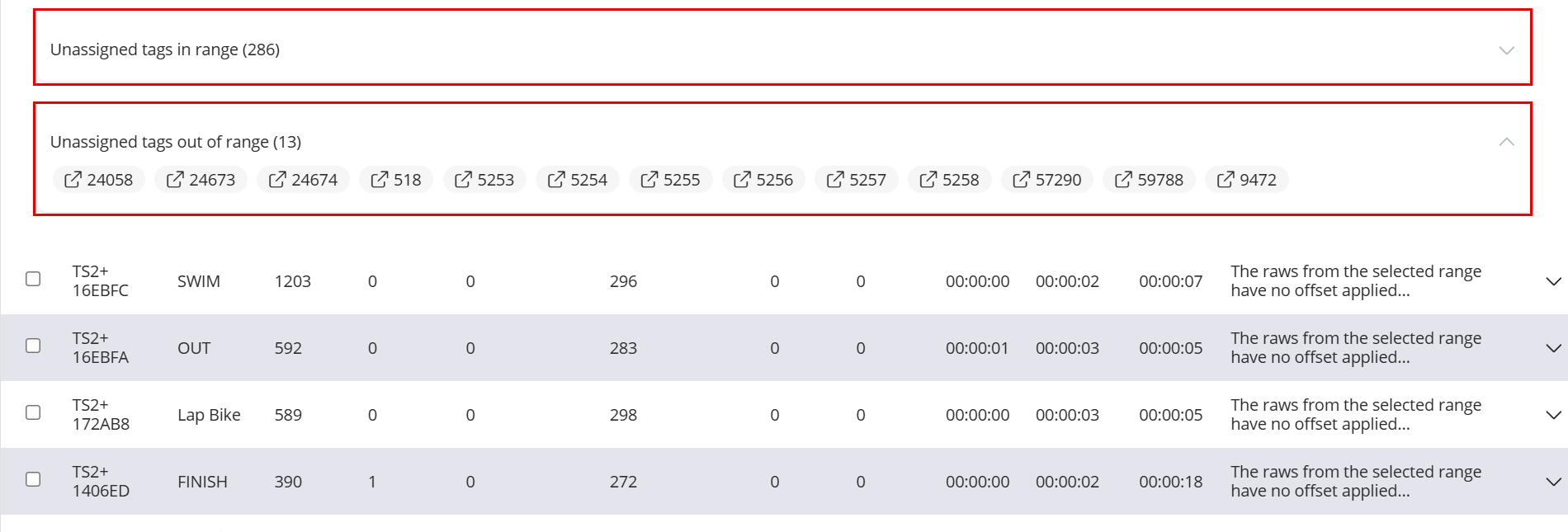 Race readings page with an expanded row and the lists of unassigned tags in range and out of range