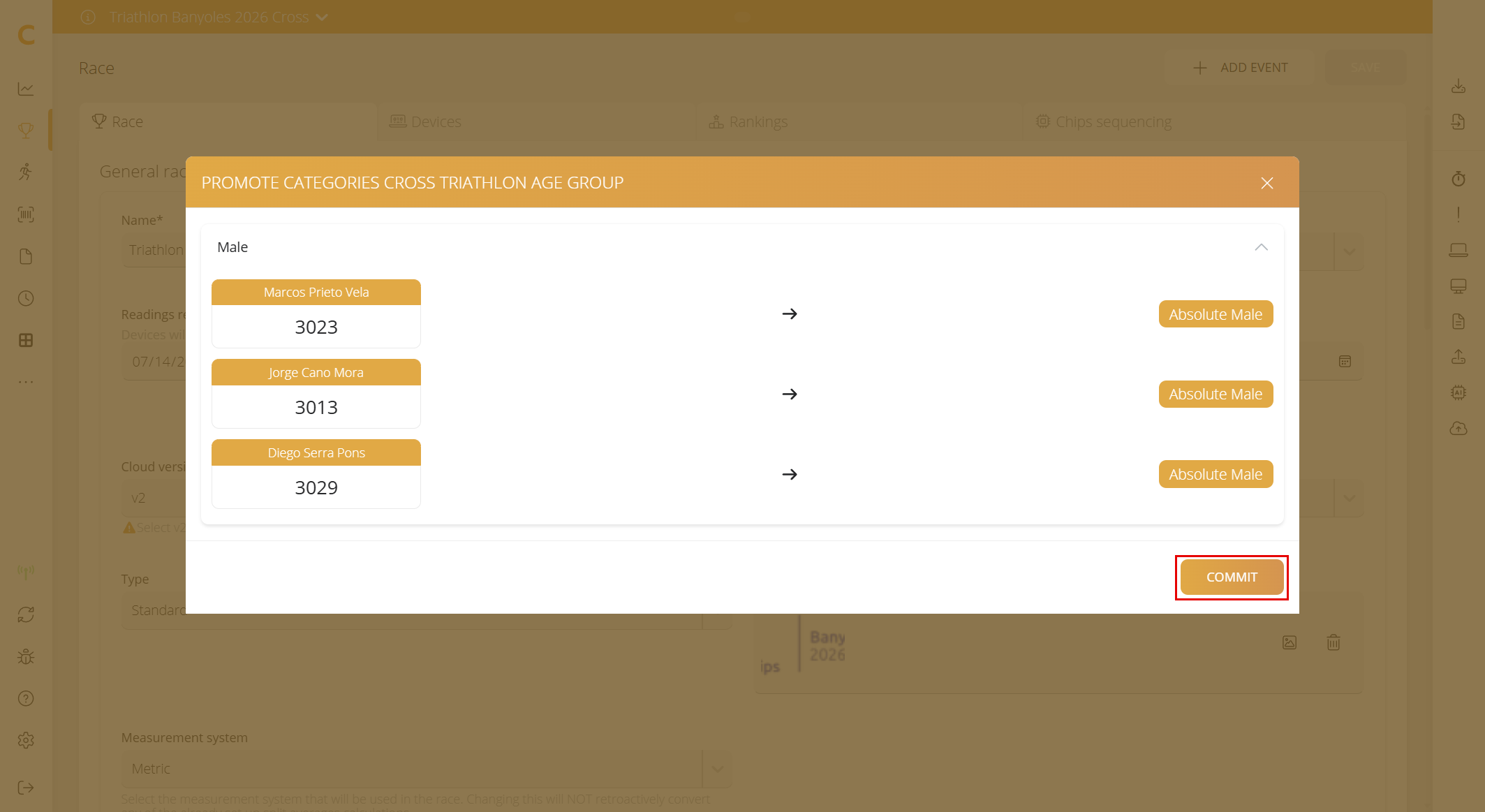 Ventana Promote Categories del evento con los premiados, la categoría destino Absolute Male y el botón Commit