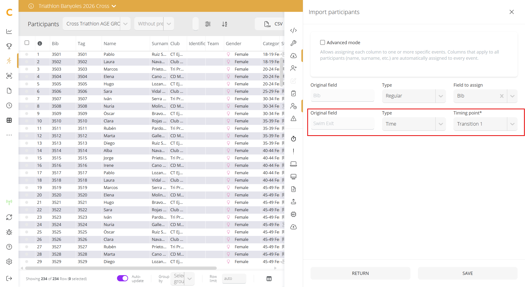 Column mapping with a time column set to the Time type and the timing point in Timing point