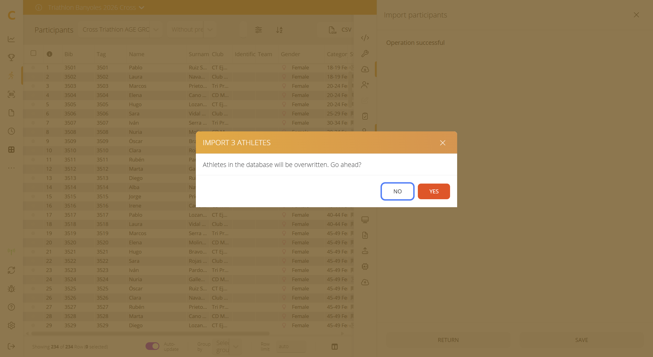 IMPORT 3 ATHLETES confirmation window with the overwrite warning and the NO and YES buttons