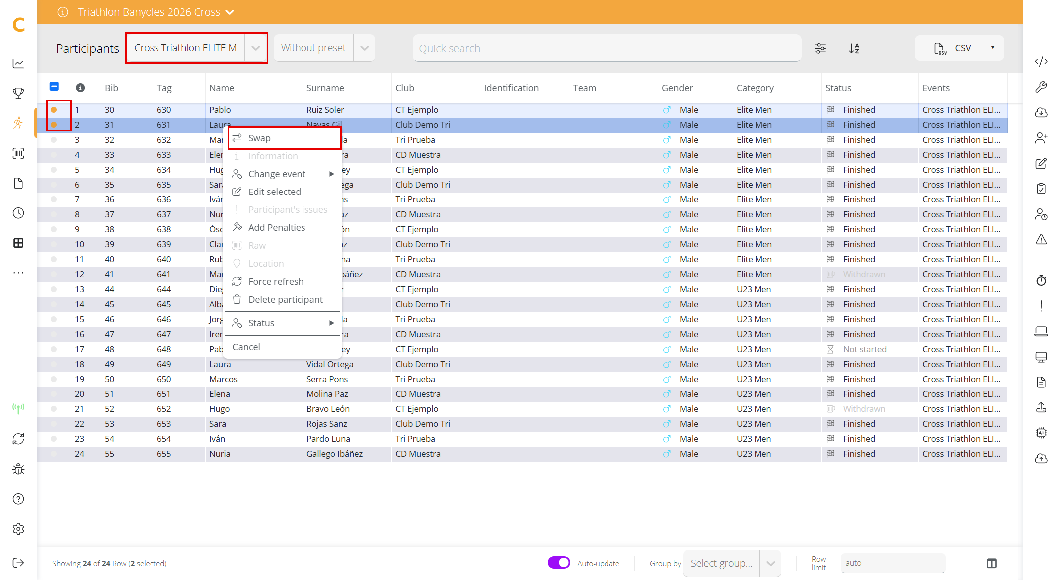 Participants table with an event selected, two participants selected and the Swap option of the context menu highlighted